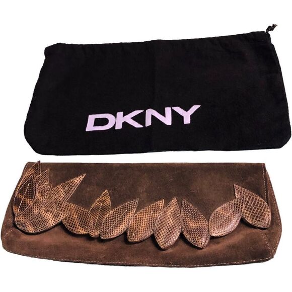 DKNY Brown Suede Leather Clutch Bag - Picture 1 of 9